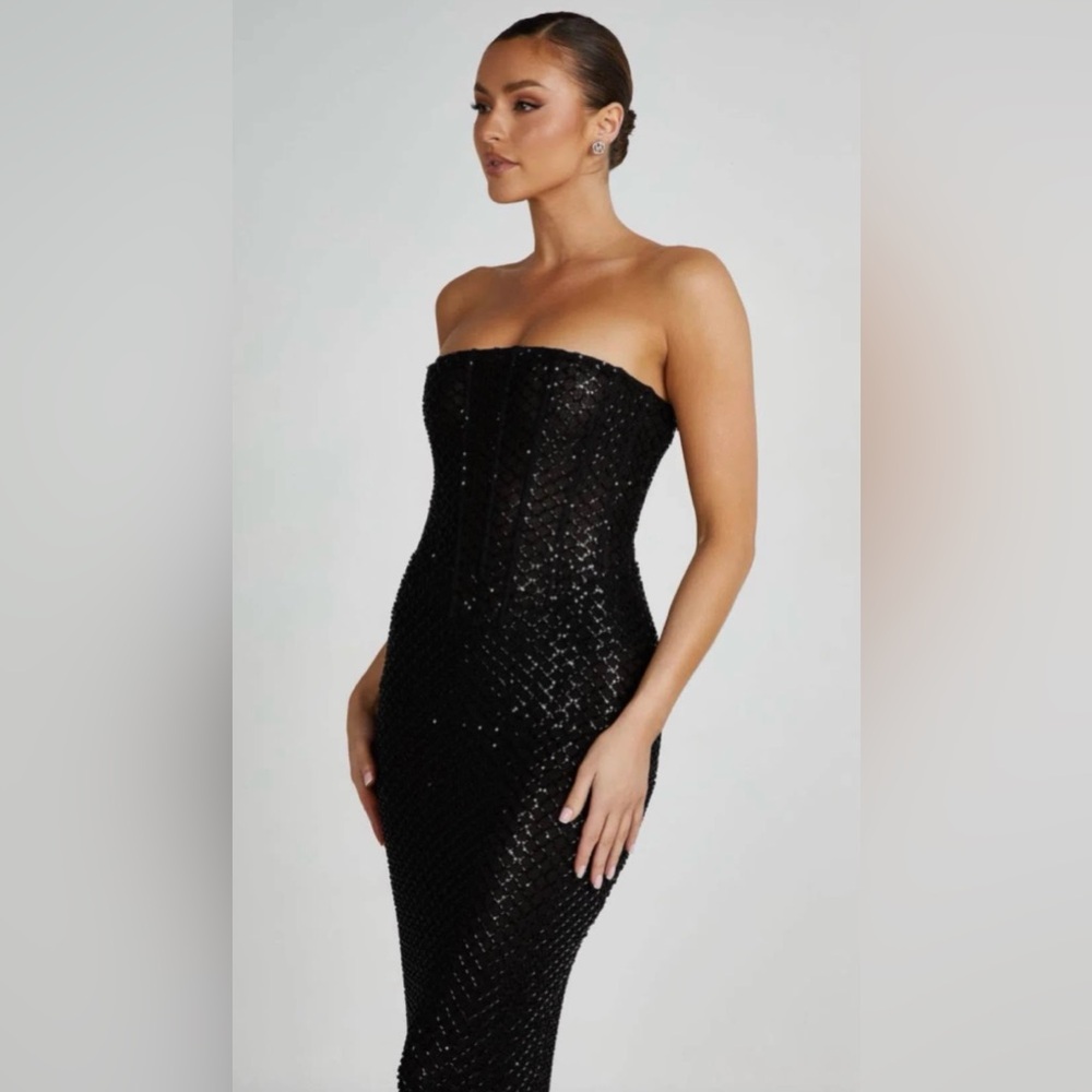 Meshki Black Sequin Strapless Midi Dress